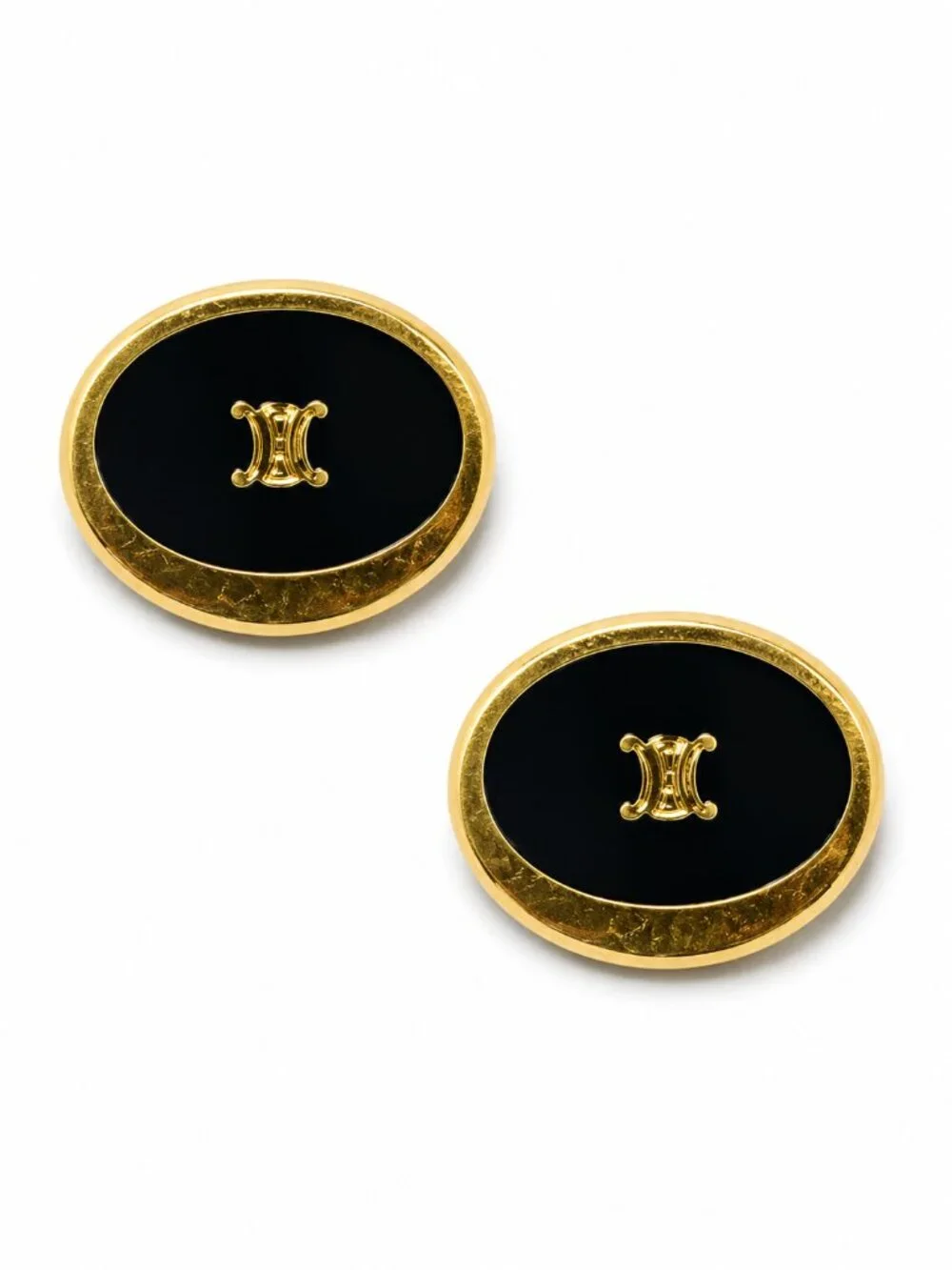 Vintage Celine Triomphe Black Enamel Gold Tone Oval Cufflinks